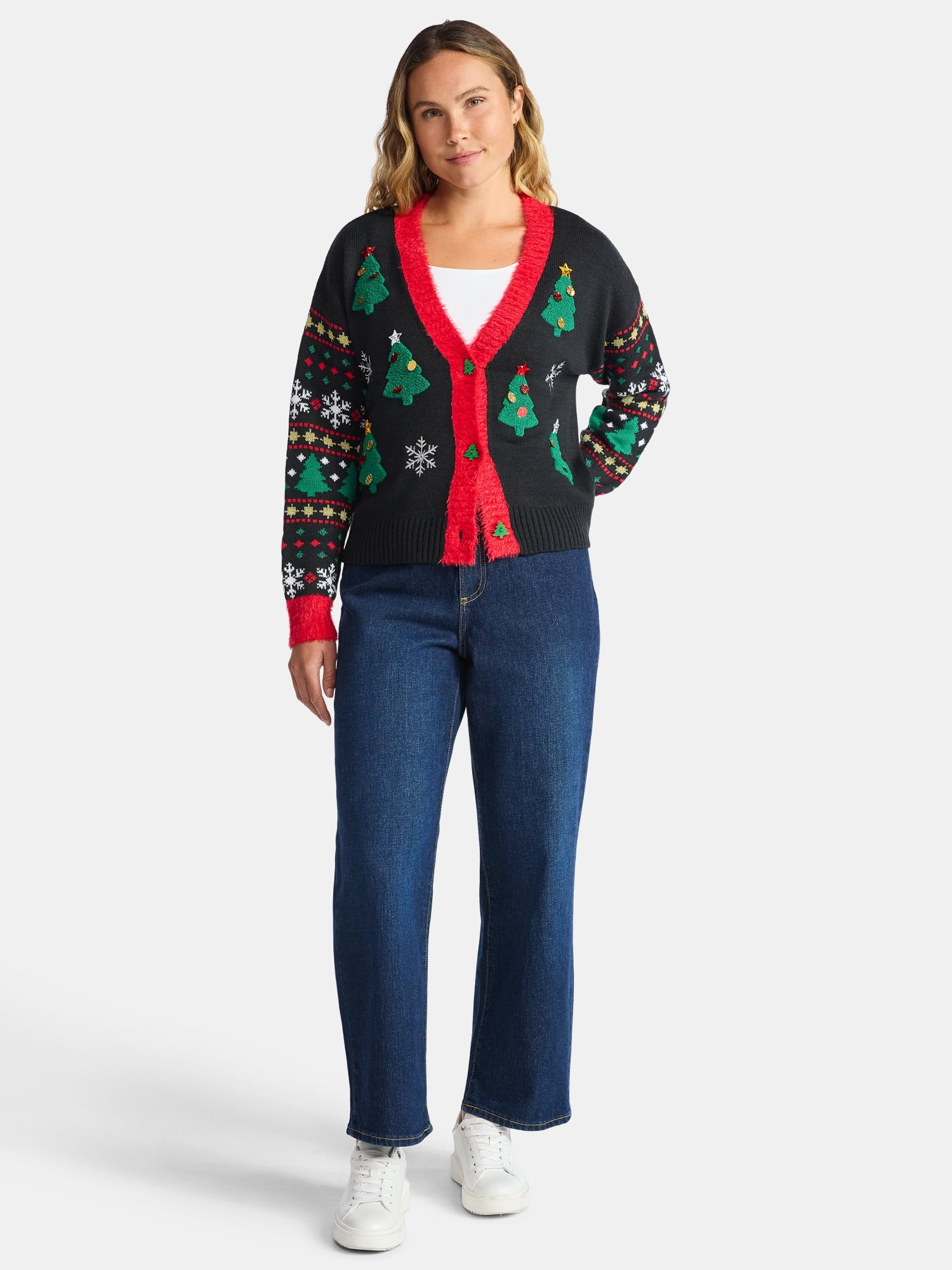 Women's Embellished Button Front Christmas Cardigan from Holiday Time, Sizes XS-XXXL