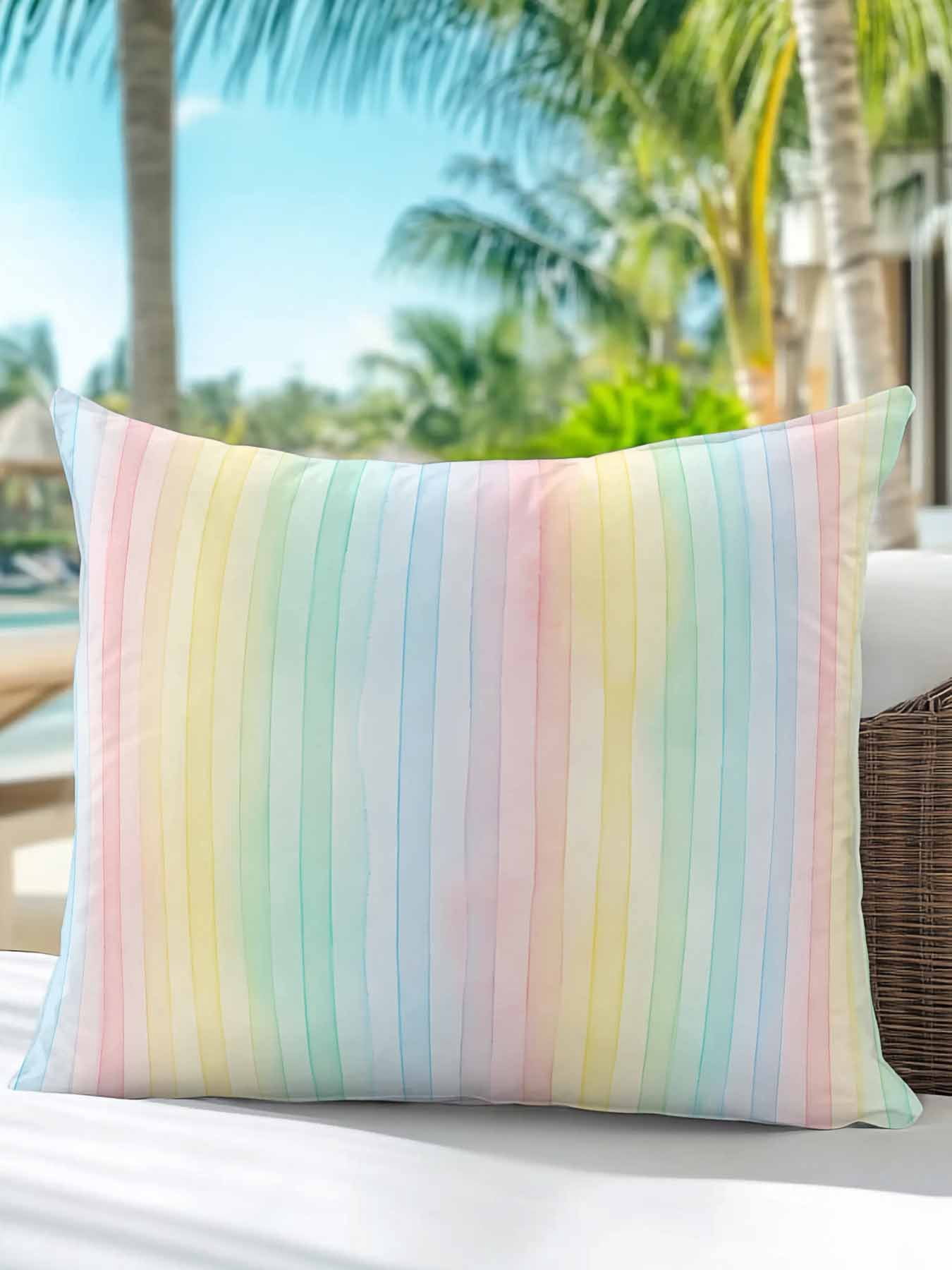 1 Pack Outdoor Throw Pillow, Colorful Striped Waterproof Pillow with Insert Included, Farmhouse Vertical Striped Watercolor Decorative Accent Cushion Sofa Pillows for Patio Porch, 16 x 16 In