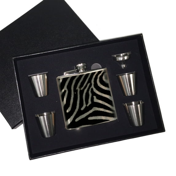 KuzmarK 6 oz. Stainless Steel Flask Set in Black Presentation Box - Zebra