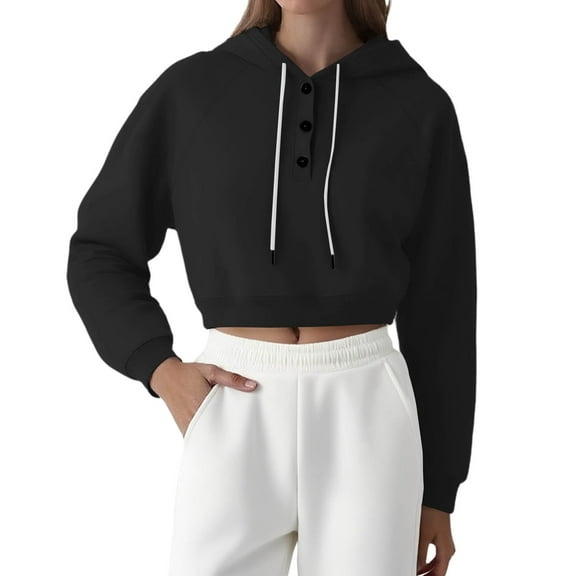 Duoif Women's Hoodies, Lapel Collar Oversized Short Sweatshirt - Women's Loose Fit Womens Sweatshirt Black L