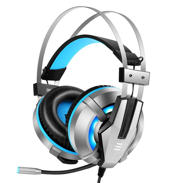 Cateissary E800 Gamer Headset Soft Earpads Over Ear Gaming Headset Azul Amarillo Auriculares con micrófono giratorio Luz LED para PC Cables de audio/vídeo Azul