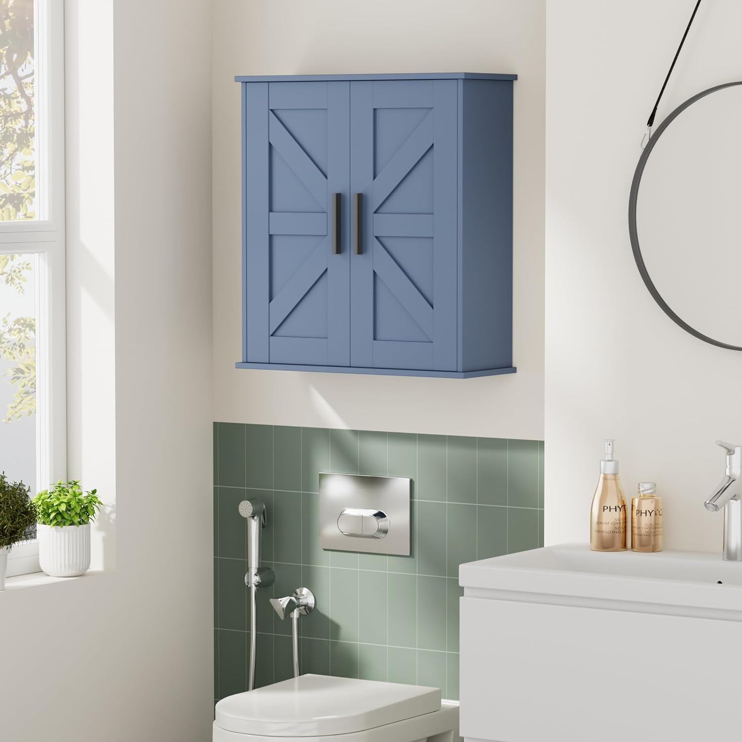 Bathroom Wall Cabinet, Over Toilet Storage Cabinet with Barn Doors and Adjustable Shelves, 3-Tier Medicine Cabinet Wall Mounted, for Bathroom, Kitchen, Entryway, Laundry Room, Blue, (7.9" D)