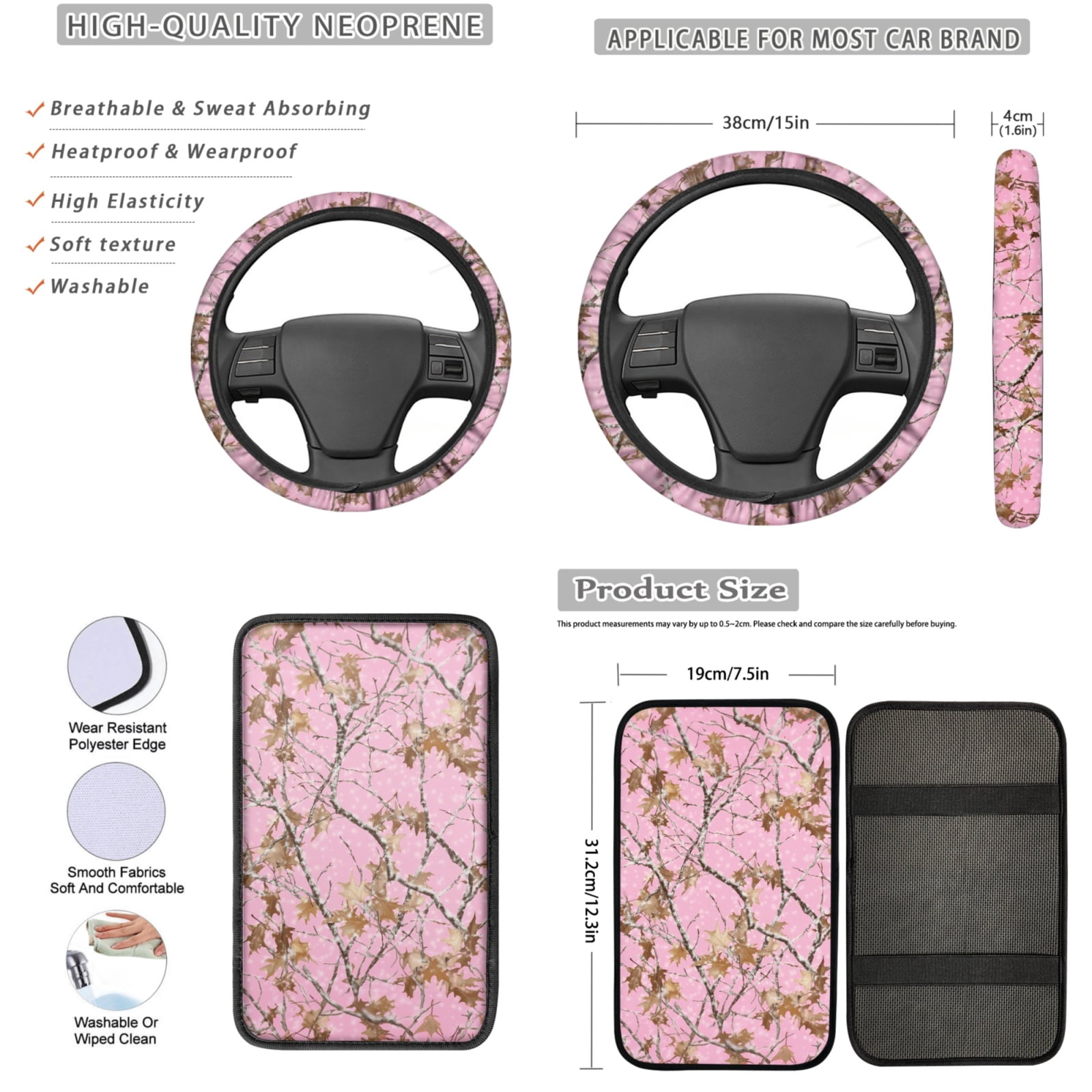 Yuyamidu 13 PCS Camo Hunting Car Seat Covers Set Pink Wood Steering Wheel Cover Seat Belt Covers Car Armrest Cover Cushion Coasters Lipstick Holder Keychain Auto Interior Accessories