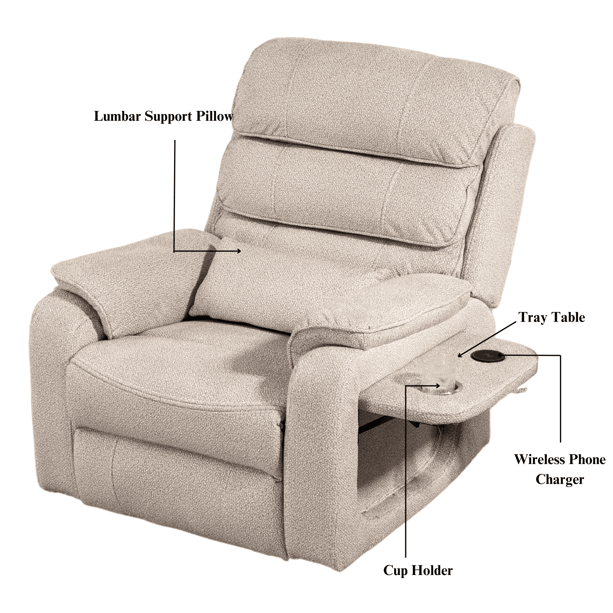 JUUXO Lay Flat Recliner with Tabletop - Wireless Phone Charger, Cup Holder & Lumbar Pillow - Dual Motor Lift Chair Fully Recline Length 74.8 inches - Perfect for Big & Tall - 400 lbs Capacity