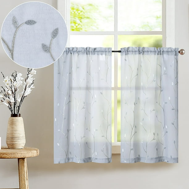 Curtainking Sheer Kitchen Curtains 36 inch Length Floral Embroidered