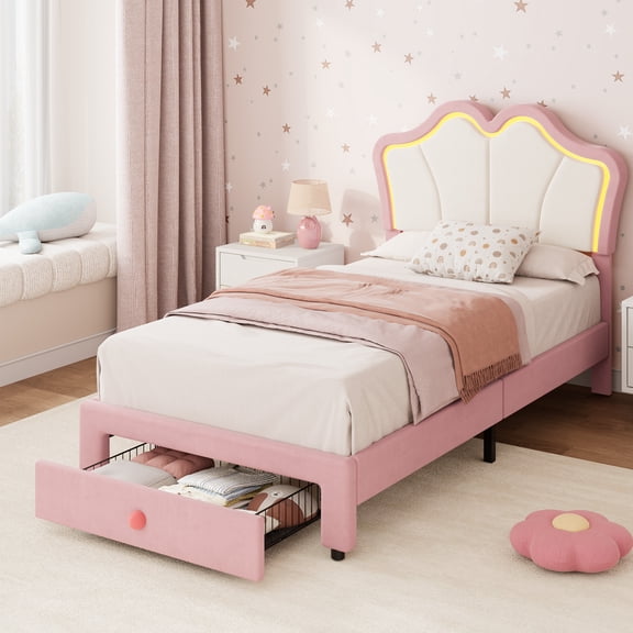 Twin Bed Frame with Storage, Upholstered LED Bed Frame with Headboard, Cute Velvet Platform Bed Frame for Boys and Girls, Wood Slats Support, No Box Spring Needed, Easy Assembly