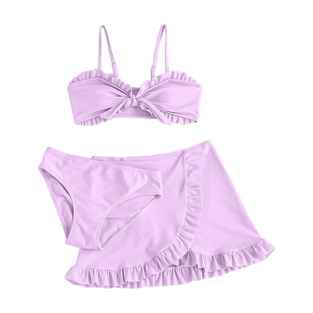 

Girls 3-Piece Swimsuit Soild Bikini Rullfe Briefs Bikini Bowknot Set Bathing Suit Size 8 Years-16 Years