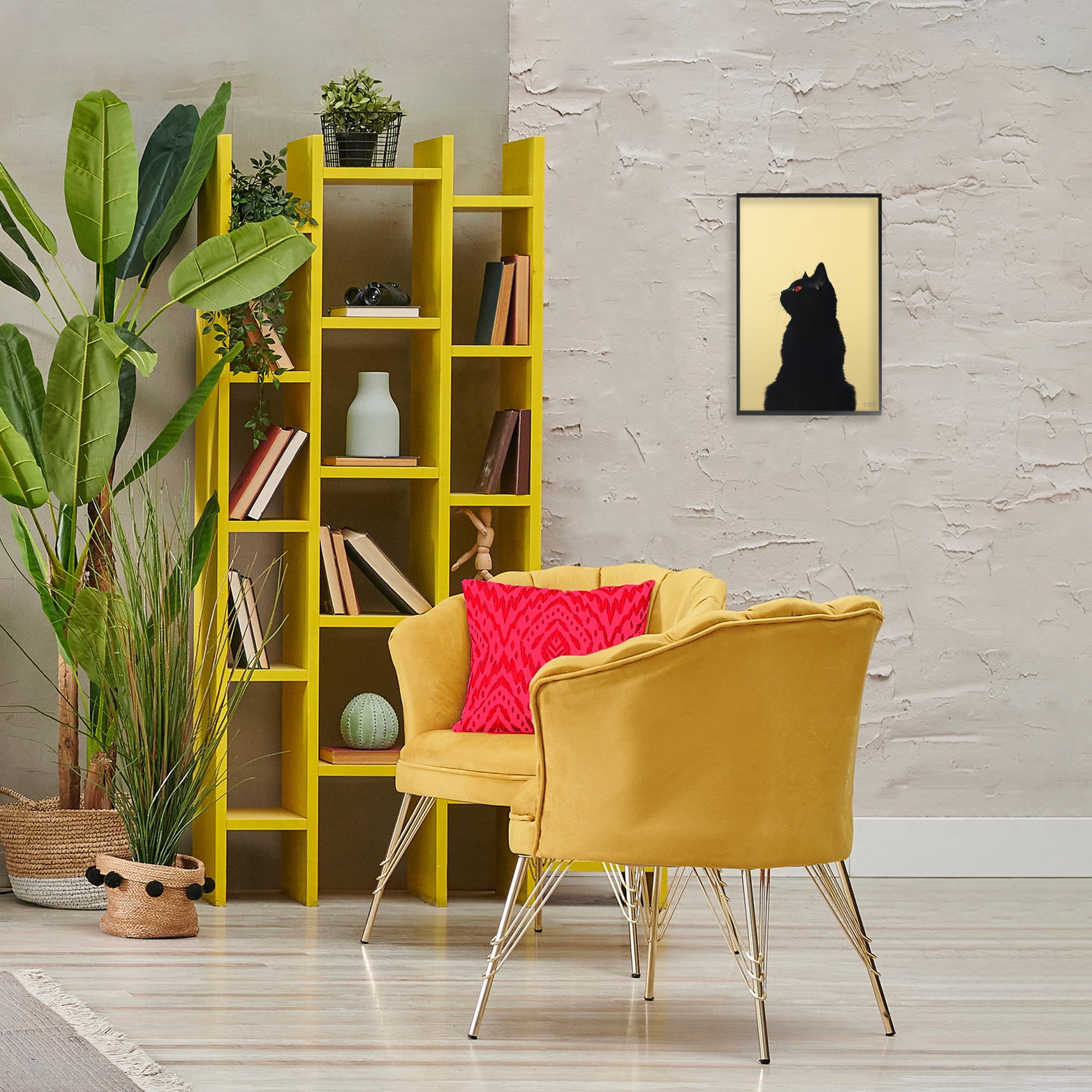 Stupell Industries Black Cat on Yellow Animals & Insects Painting Black Framed Art Print Wall Art, 12 x 18