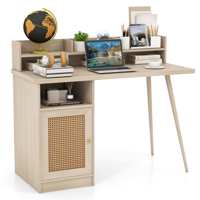 Costway 48" Computer Desk with Hutch Mid Century Workstation PE Rattan Cabinet White Oak