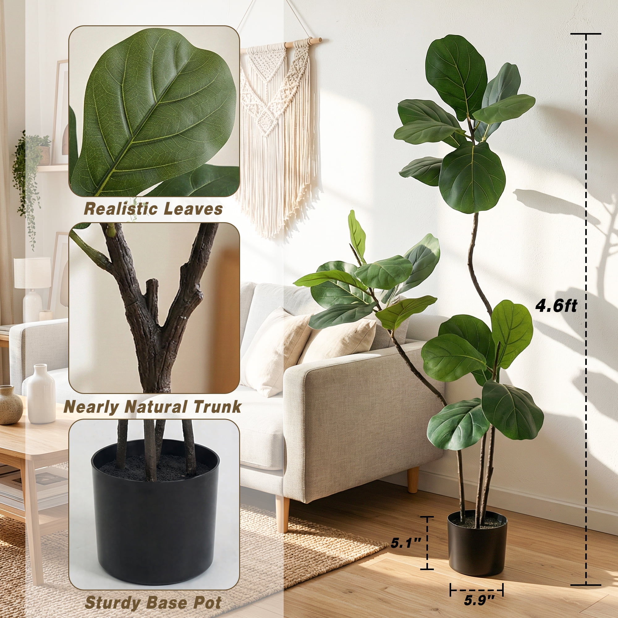 Easy4Home 4.6FT Artificial Plant Fake Ficus Tree Potted Indoor Faux Floor Plant for Home Office Decor