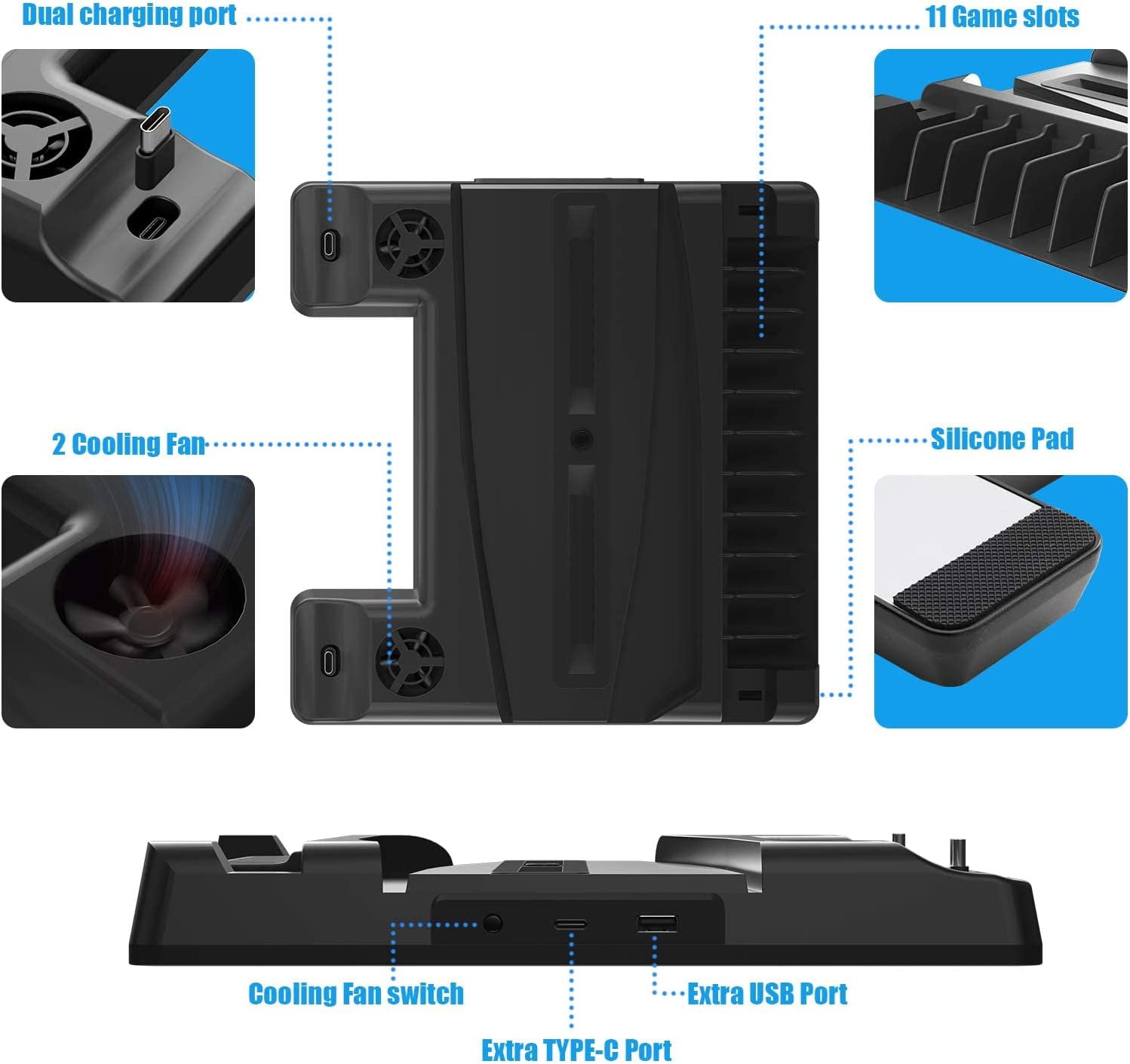 PS5 Charger Station, PS5 Cooling Fan Stand, PS5 Charger Stand with Controller Charger, PS5 Vertical Stand with Cooling Fan and LED Indicator, 3 Levels Adjustable Fans Speed, 12 Game Rack Organizer