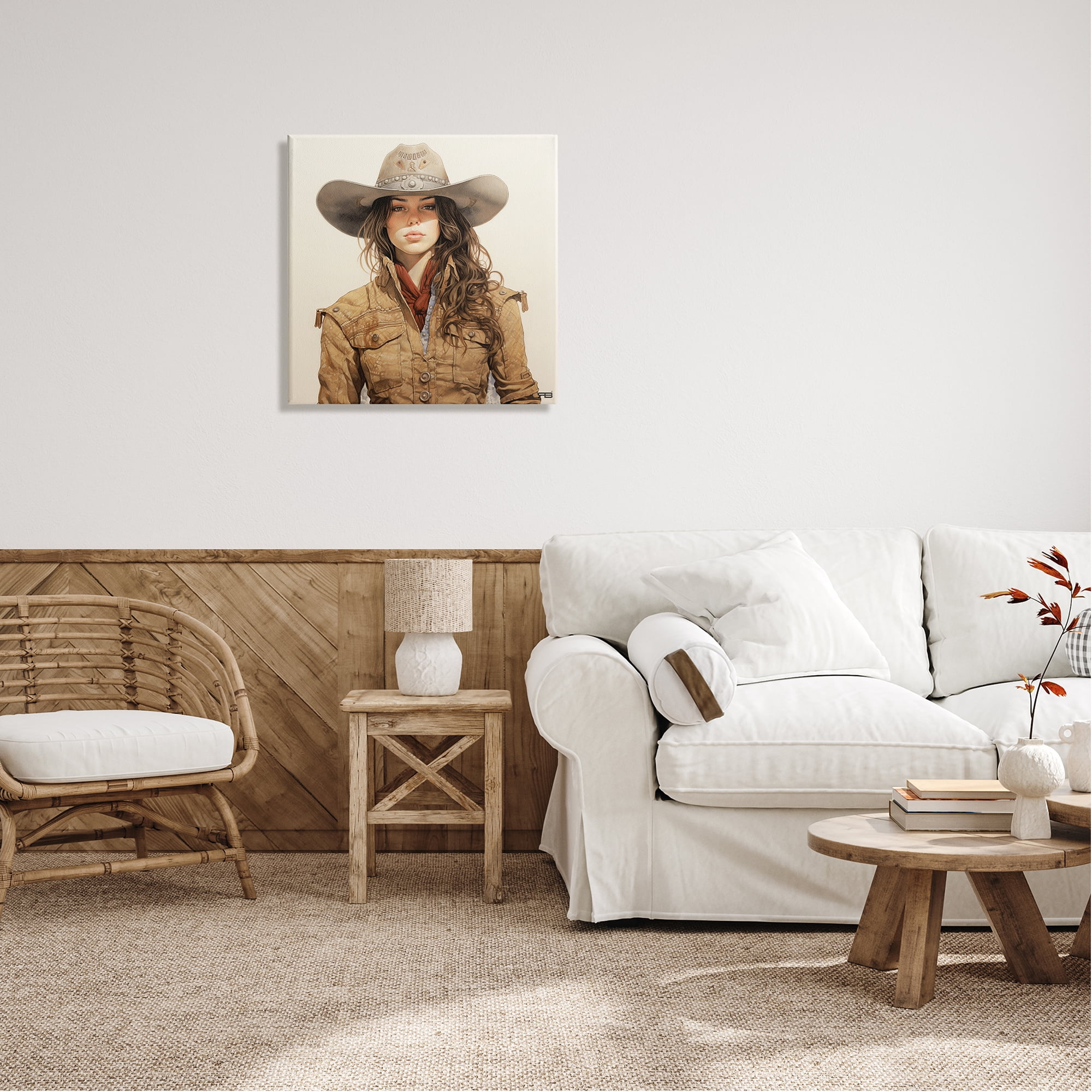 Stupell Industries Country Cowgirl on Beige Abstract Painting Gallery Wrapped Canvas Art Print Wall Art, 24 x 24