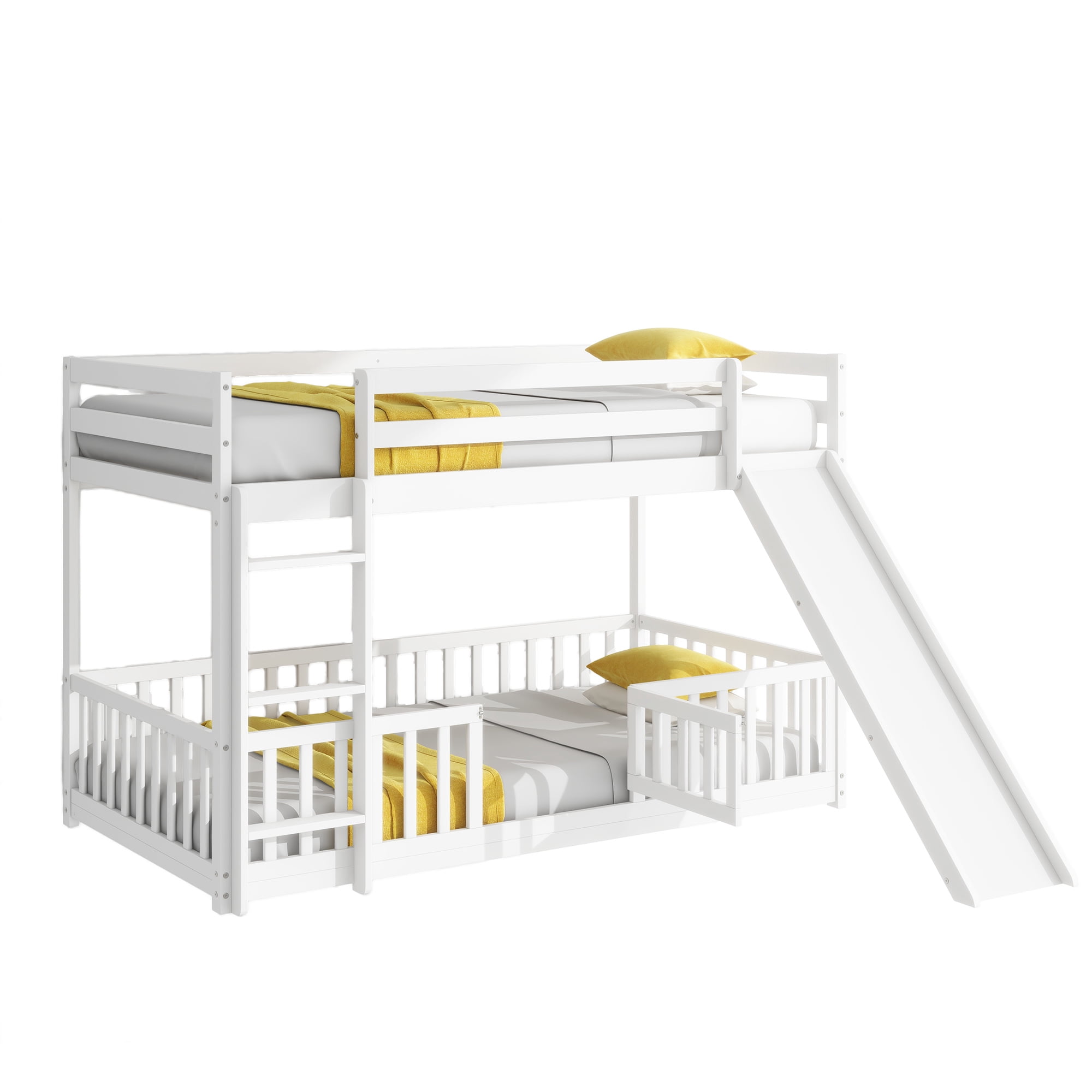Euroco Twin over Twin Bunk Bed with Slide, Convertible Lower Bed with Guardrails for Kids Teens, White
