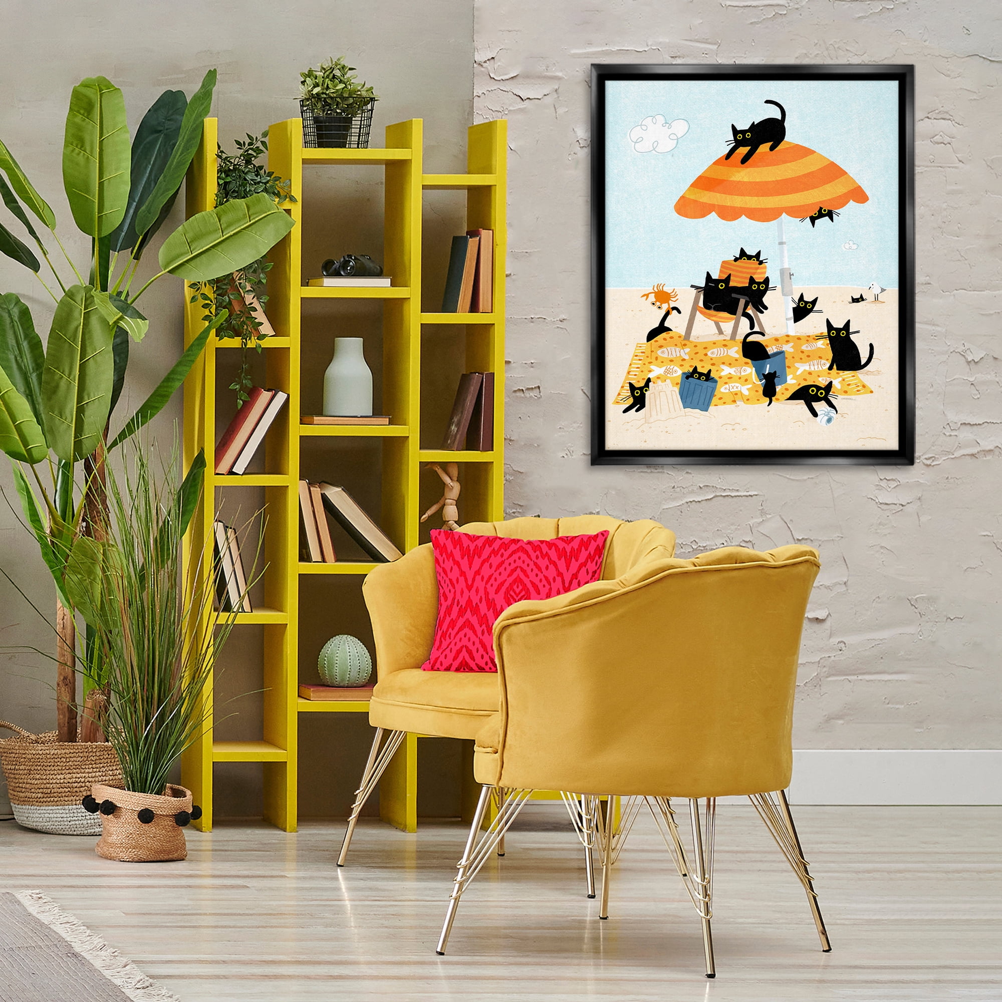 Stupell Industries Black Cat Beach Day Animals Painting Black Floater Framed Canvas Art Print Wall Art, 25 x 31