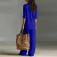 thumbnail image 4 of Textilo Women's Two Piece Outfit Cotton Linen Button Up Long Sleeve Shirt and Pants Set with Pockets Wide Leg Elastic Waist Set Summer Travel Vacation Breathable Loose Walking Wear,Royal Blue XL, 4 of 4