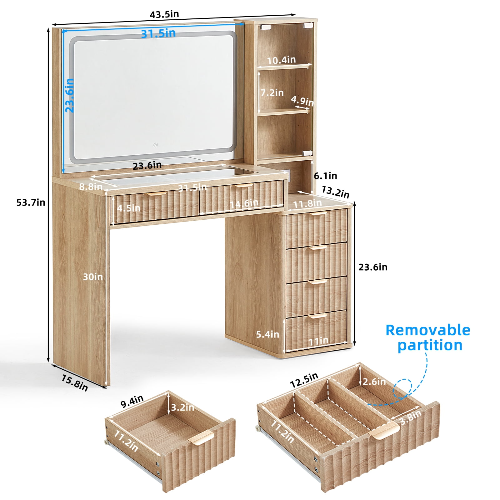 Leyaoyao 43.5 Fluted Makeup Vanity Desk with Mirror and LED Lights, Wood Makeup Vanity with Power Outlet & 3 Shelves for Living Room, Natural Oak