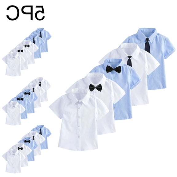 Crunowin 5PC Boys And Girls School Uniform Cotton Shirt Short Sleeve Tie Bow Tie Kids Formal Suit Tops Black Size 3T