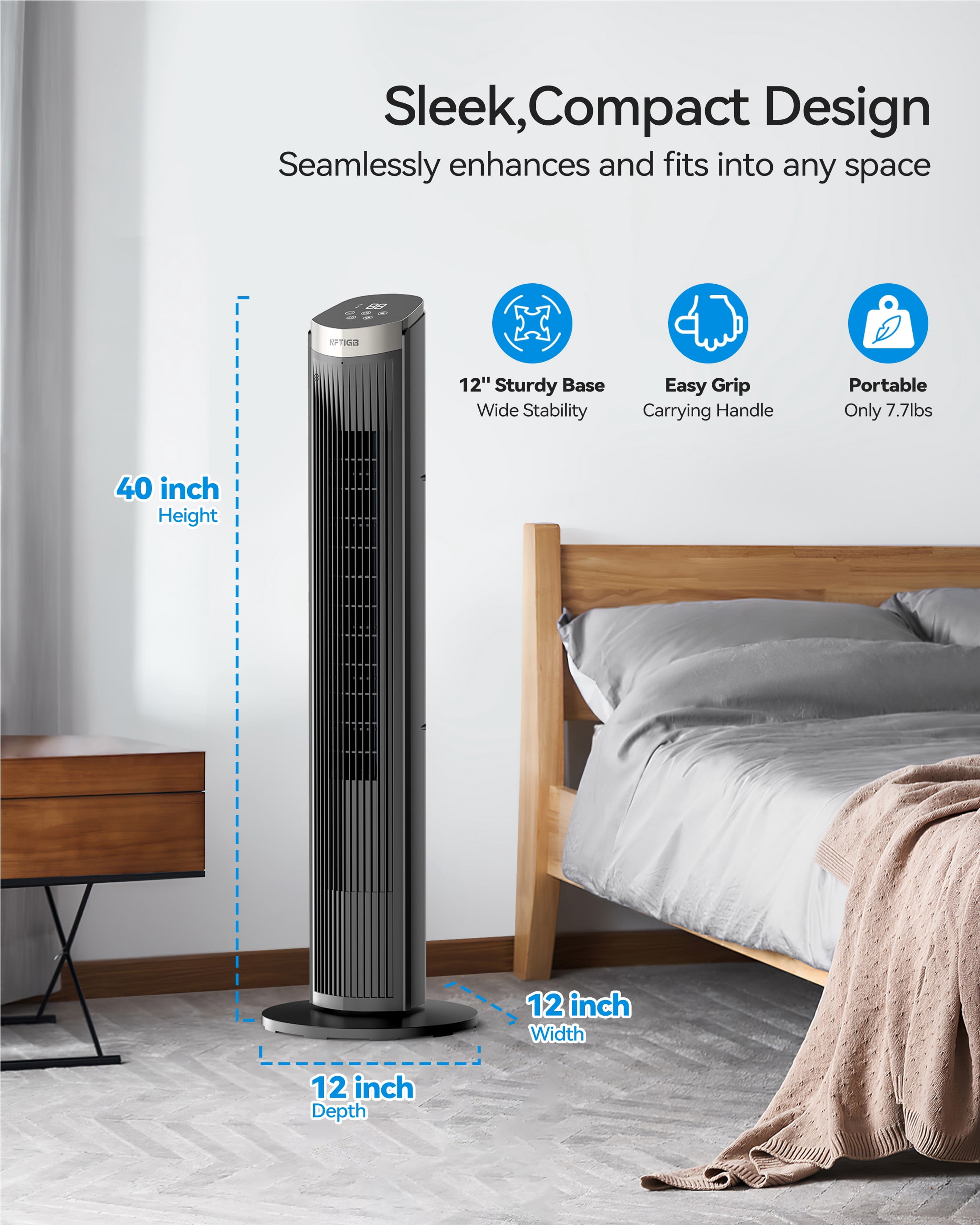 NFTIGB 40 inch Tower Fan for Home, 70° Oscillating Standing Floor Fan with Remote, 5 Speeds 3 Modes with Remote Bladeless Fan, New
