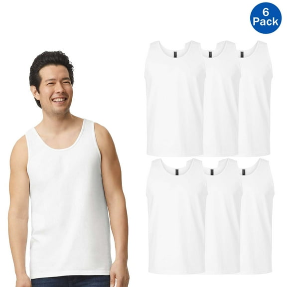 Gildan White Tank Top, Works Heavy Cotton Men's Performance TankTop Pack-6 Size: S
