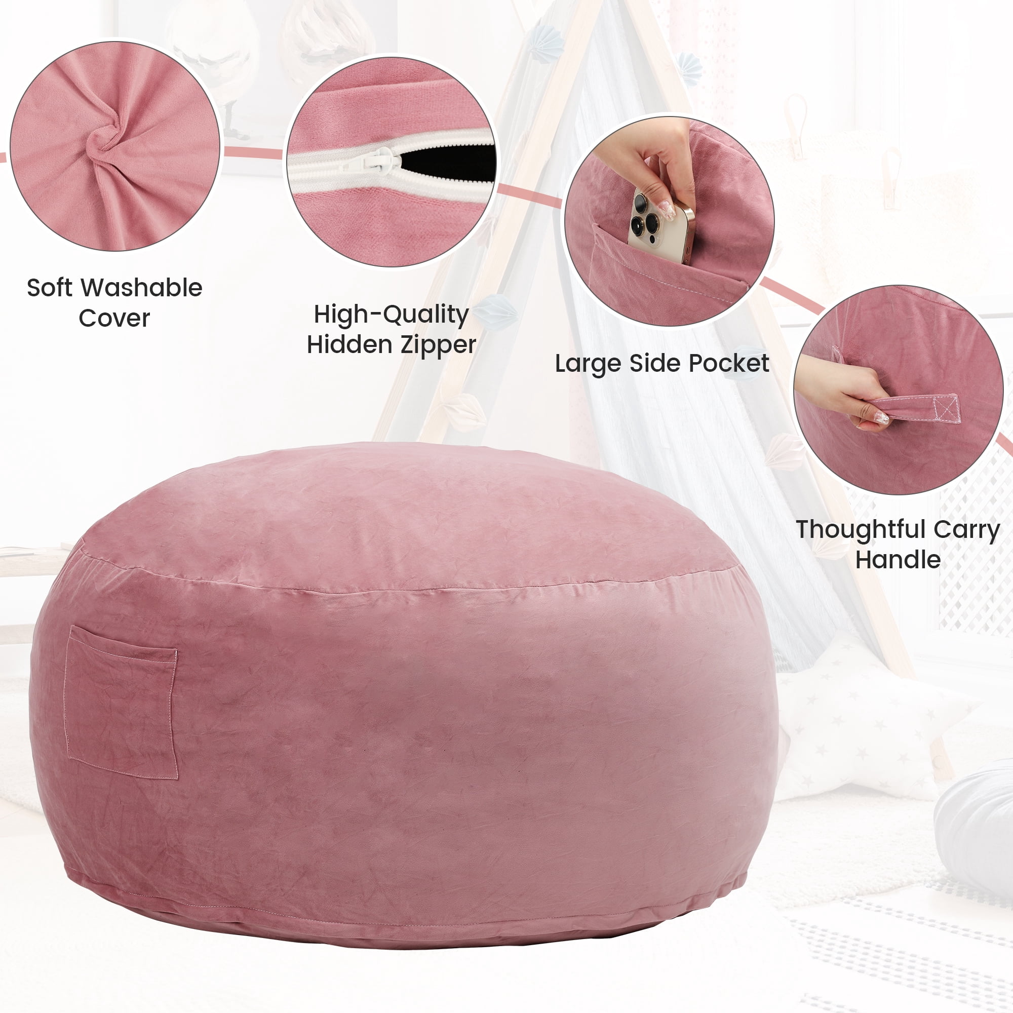 TUAREX 3.5FT Memory Foam Bean Bag Chair, with Removable Cover, Comfy Bean Bag Chairs for Adults, Kids, for Living Room, Bedroom, Pink