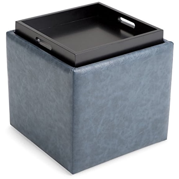 Square Storage Ottoman with Tray - 17" Wide - Slate Grey Fabric