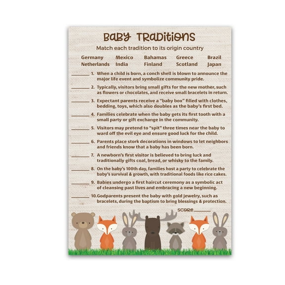 WOODLAND ANIMALS Baby Shower Games — BABY TRADITIONS around the World Game — Pack of 25 — GENDER NEUTRAL Baby Shower Activity, Gender Reveal Party, Fun Baby Facts Trivia Game Couples Shower G601-BTW