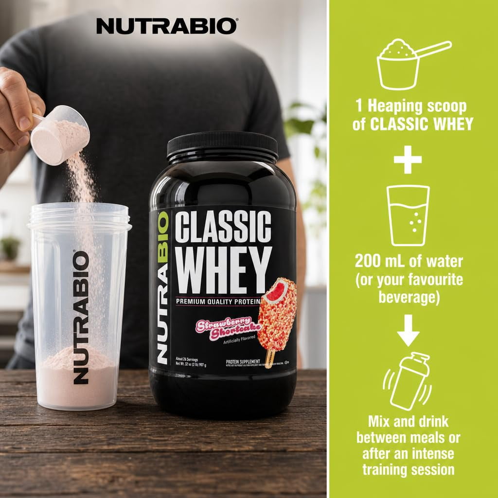 NutraBio Classic Whey Protein Powder Supplement - 25g of Protein Per Scoop - Full-Spectrum Amino Acid Profile with No Fillers, Artificial Colors, or Preservatives - Strawberry Shortcake, 2 Pounds