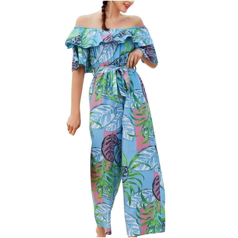SELONE Womens Jumpsuits Casual Stretchy Rompers for Women Floral Off  Shoulder Summer Long Pant Jumpsuit Holiday Chiffon Jumpsuit for Everyday  Wear