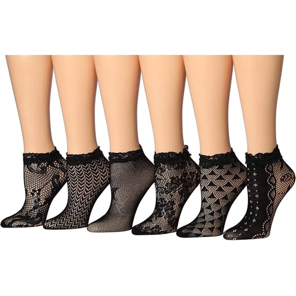 Women's Lace Anklet Socks with Ruffled Trim - 6 Pairs