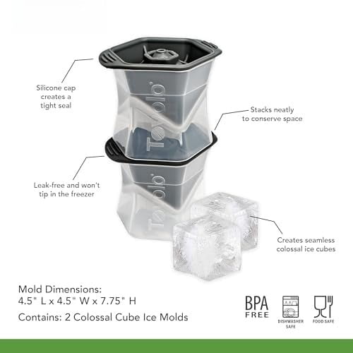 Large Square Ice Cube Mold Colossal 2 Inch Cubes Pack of 2, Huge Ice Cube Mold Block for Whiskey Cocktails Bourbon, Silicone BPA Free Dishwasher Safe Giant XL Ice Cube Molds