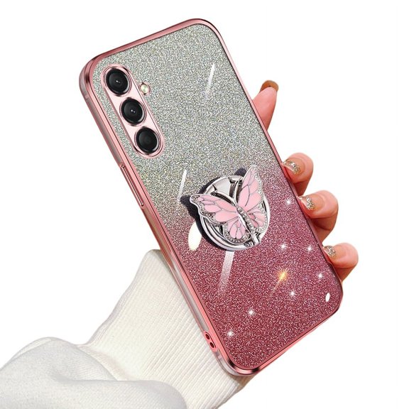Glitter Cover Compatible with Samsung Galaxy A25 Case Butterfly Kickstand Case for Samsung A25 Soft TPU Electroplated Bling Shockproof Shell for Women Girls Cover for Galaxy A25