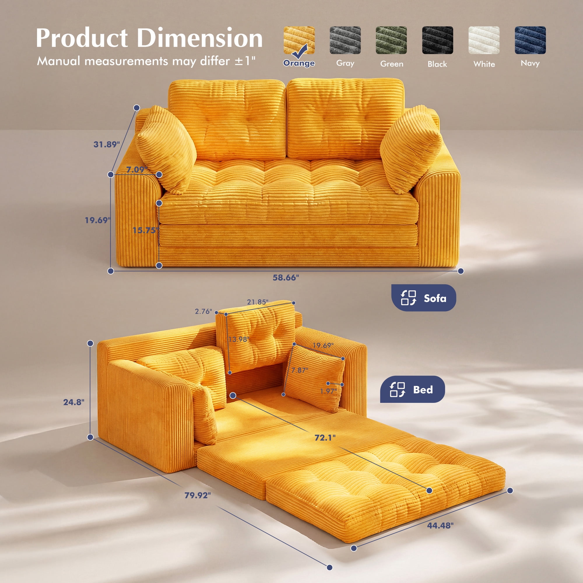 EnHomee 58.6" Foldable Sofa for Adult Loveseat Sofa Couch with Deep Seat Adjustable Floor Sofa Couch with 4 Pillows,Orange