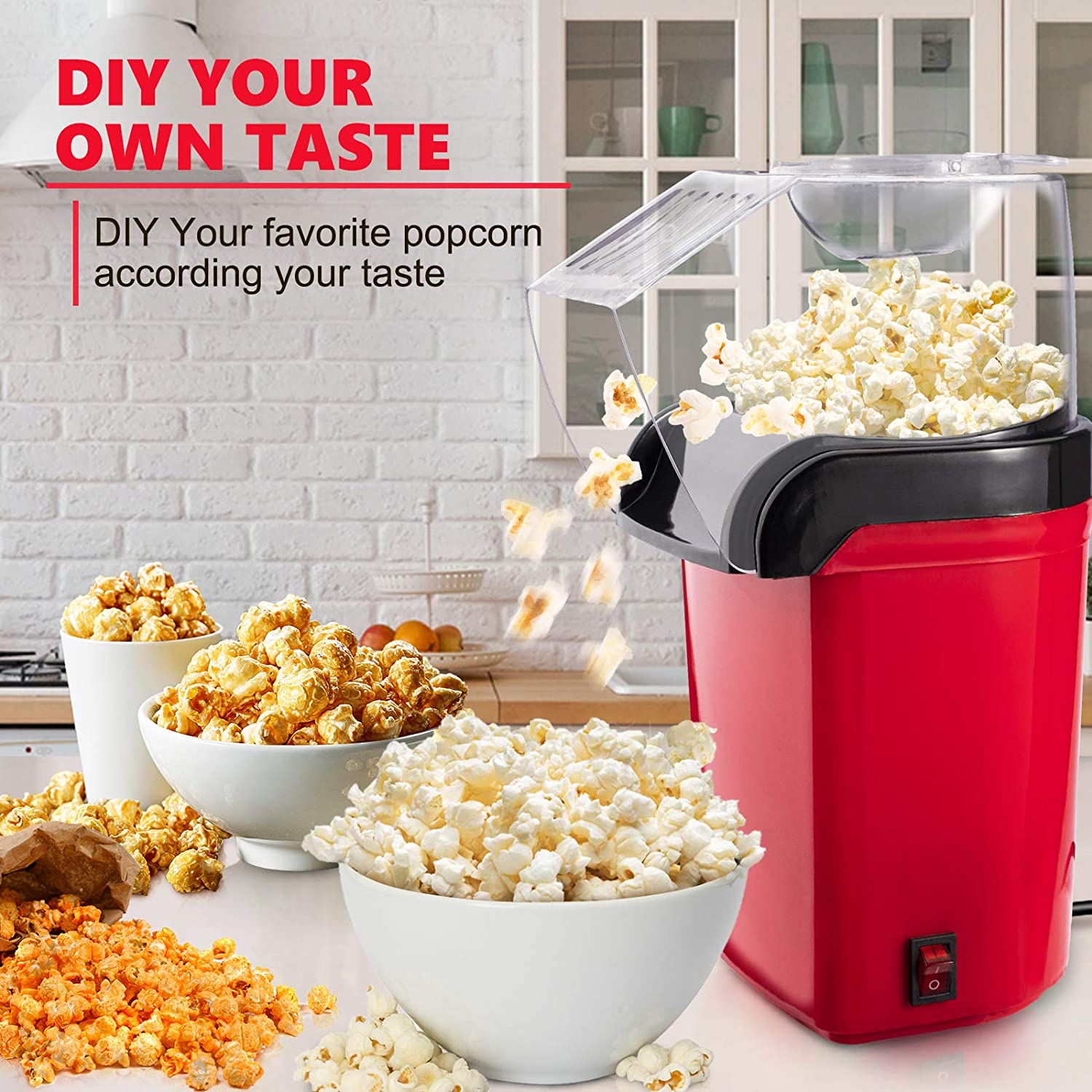 Hot Air Popcorn Popper Machine1200w Home Electric Popcorn Maker With Measuring Cup，3 Min Fast 