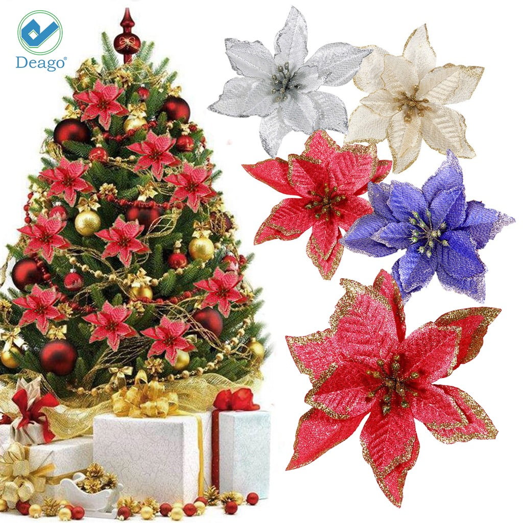 Red TURNMEON 24 Pack 5.5 Inch Christmas Glitter Poinsettia Artificial Silk Flowers Picks Christmas Tree Ornaments for Gold Christmas Tree Wreaths Garland Holiday Decoration