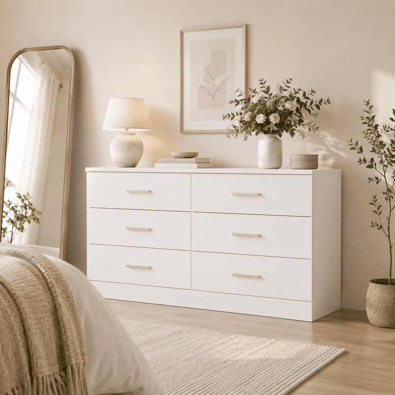 Lacoo 6 Drawer Dresser for Bedroom & Living Room, 47'' Double Dresser with Metal Handle, White