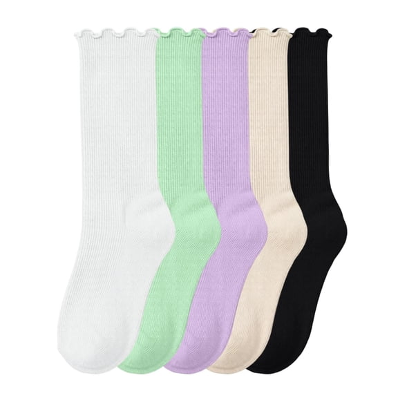 BRGZLK 5 Pairs Girls Ruffle Socks Cute Solid Color Lace Trim Uniform School Dress Frilly Crew Socks, Turn-Cuff Frilly Ankle Socks for Girl Green 6-14 Years
