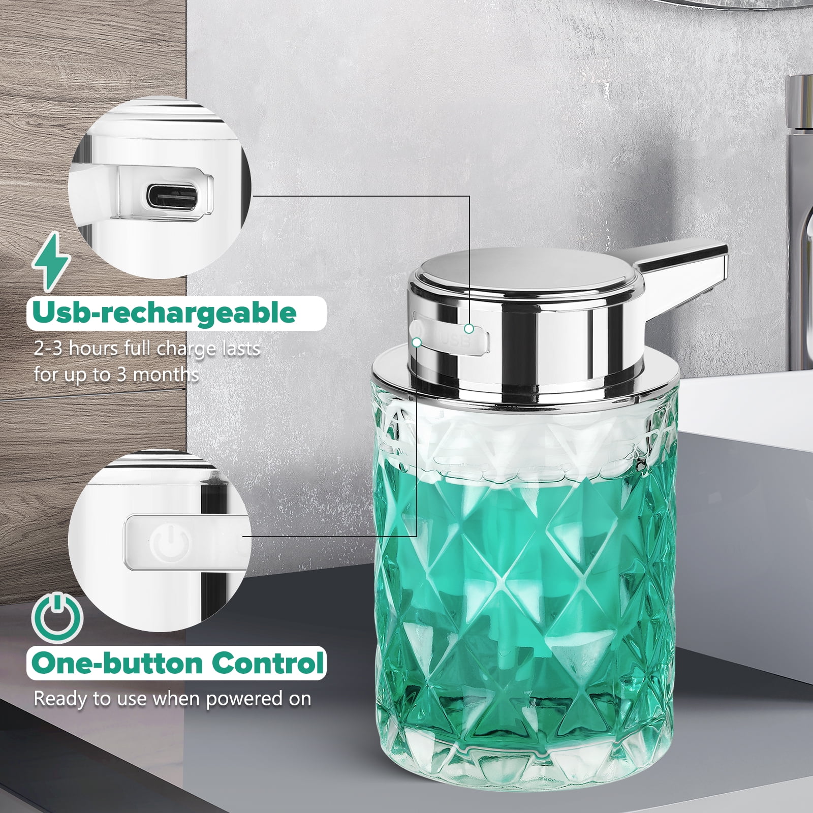 Automatic Liquid Soap Dispenser Touchless Auto Glass Clear Diamond Design Hand Lotion Soap Dispenser with Pump Electric Hands Free Modern Dish Soap Dispenser Rechargeable for Kitchen Bathroom