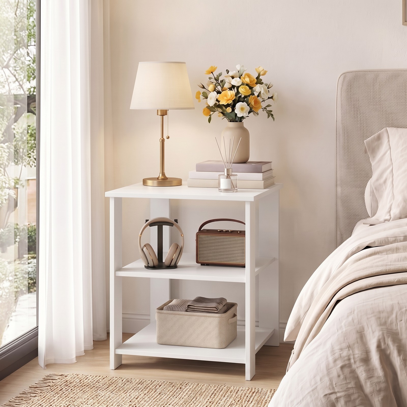 Furnibear 3-Tier Nightstand Square Side Table with Open Storage Shelves, Modern Bedside End Table Sofa Side Table for Bedroom Living Room Small Spaces, White