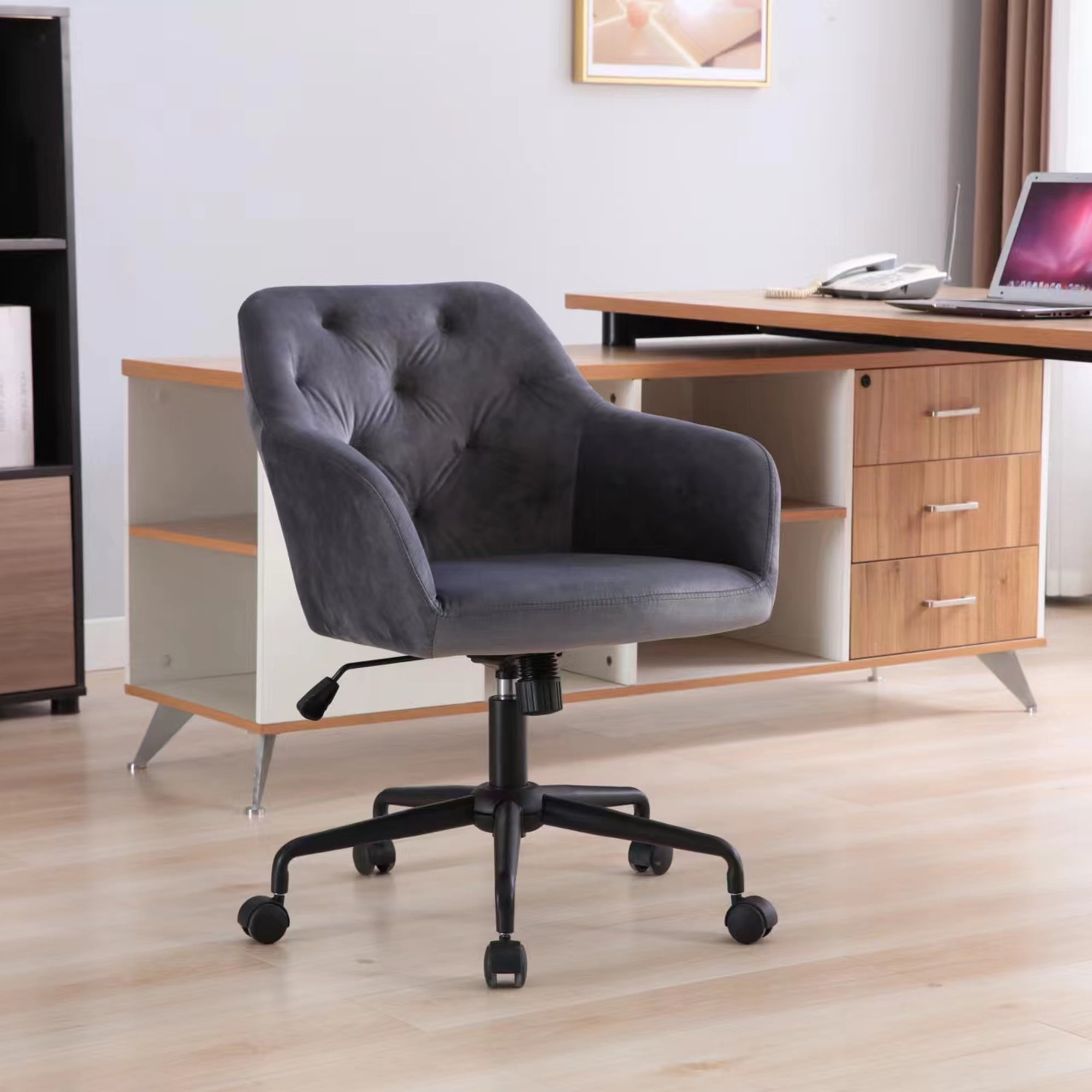 Gray Velvet Vanity Chair, Home Swivel Office Chair with Soft Back and Arm, Height Adjustable ...