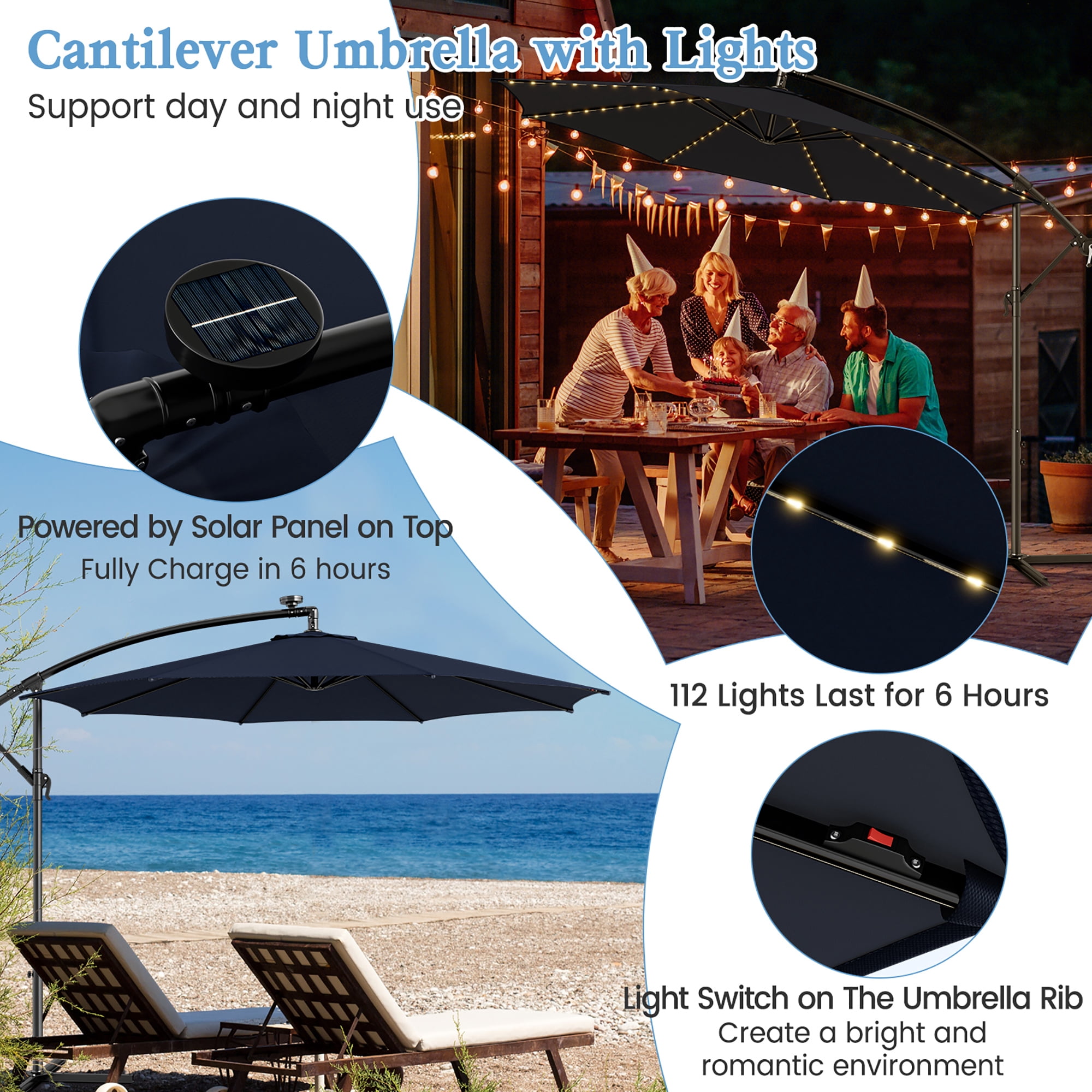 Gymax 10 FT Offset Patio Umbrella Solar Powered Cantilever Umbrella w/ 112 LED Lights Navy