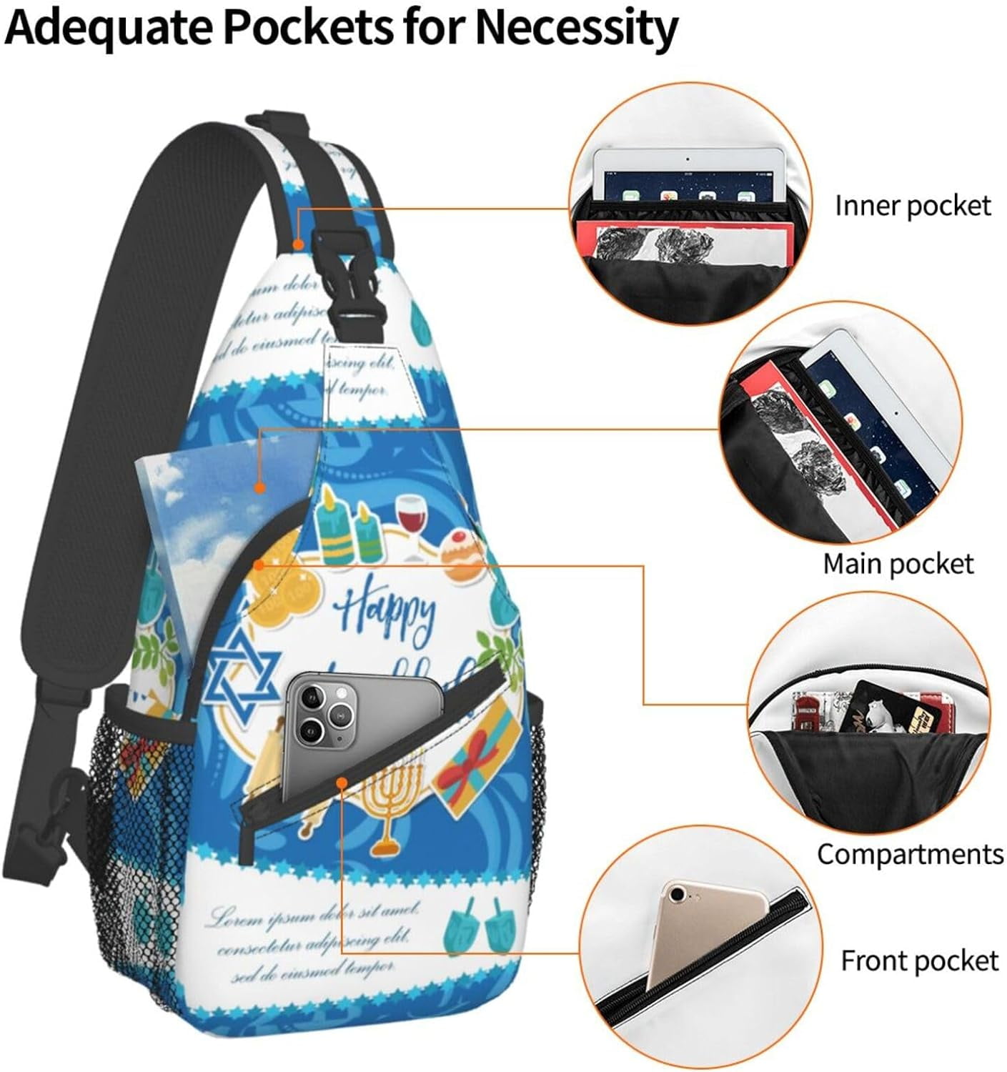 Happy Hanukkah Jewish Chanukah Holiday Sling Bag Crossbody Hiking Travel Chest Bags Backpack Shoulder Daypack for Women Men