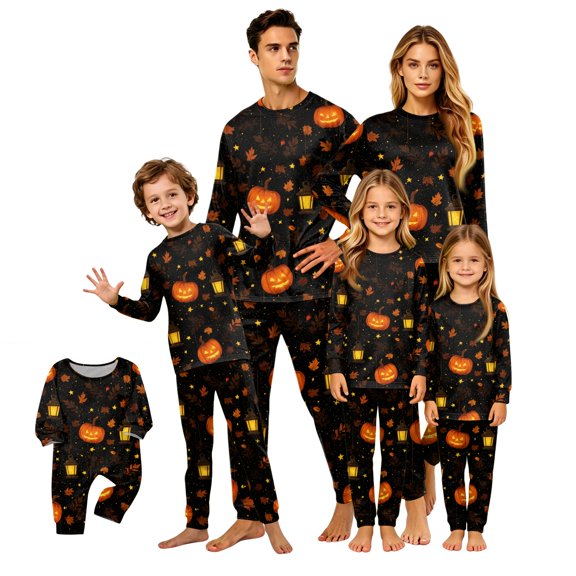 Halloween Family Pajamas Set Long Sleeve Crew Neck, Soft Matching Halloween Pajamas with Pumpkin Lantern Autumn Leaf Print, Cozy Family Halloween Pajama Set Sleepwear