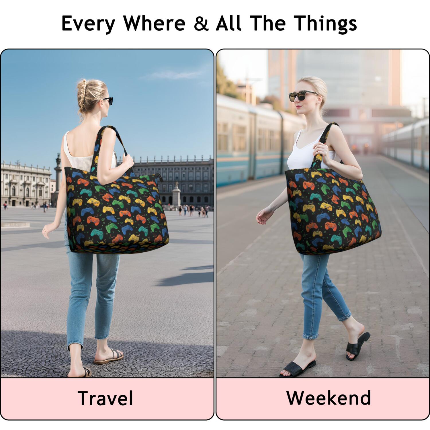 Multicolor Controllers Games Icons Black Pattern Travel Tote Bags for Women Carry On,Large Weekender Bags for Women Travel,Multi Functional Duffle Bag for Work,Shopping,Sports