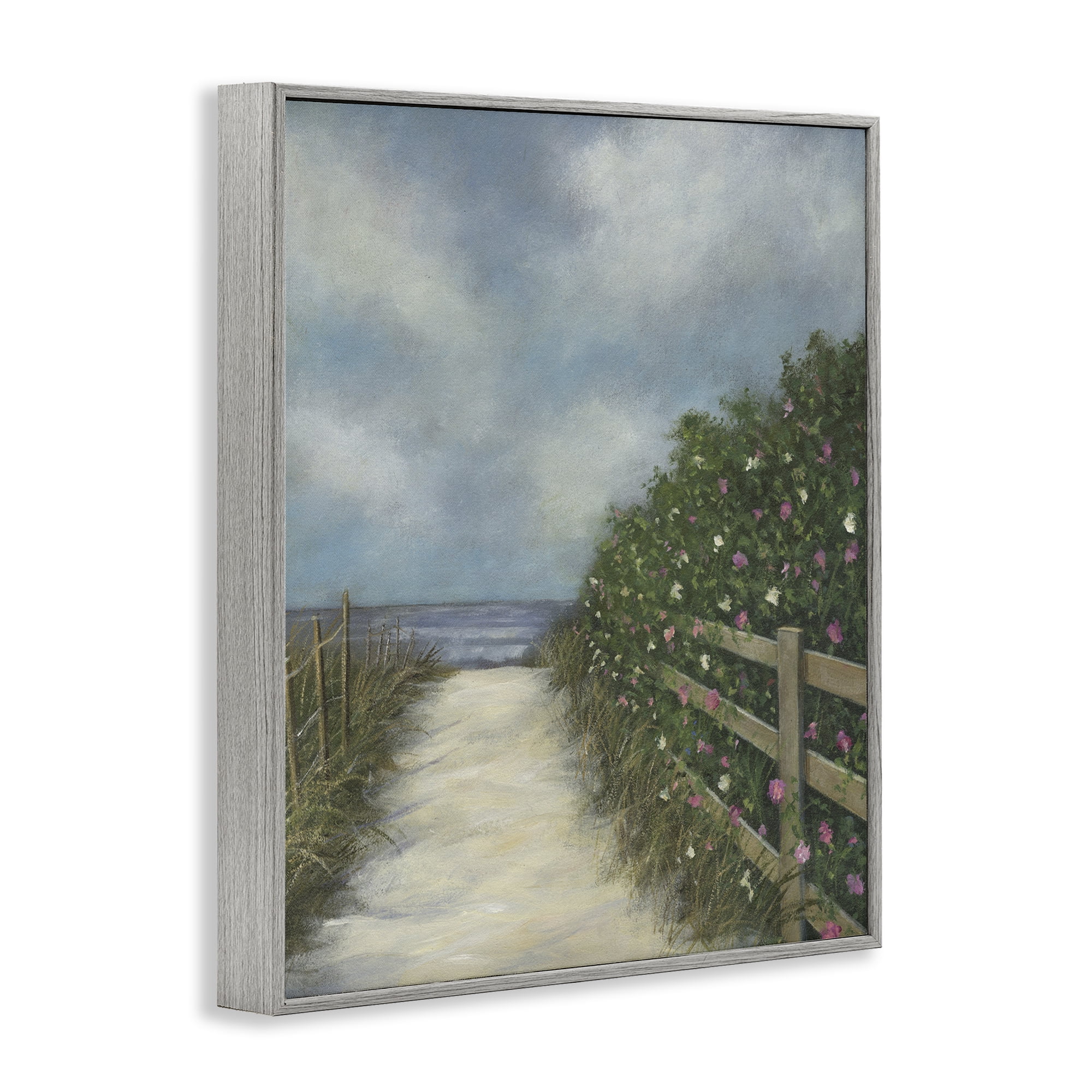 Stupell Industries Floral Lined Beach Path Landscape Painting Gray Framed Art Print Wall Art, 24 x 30