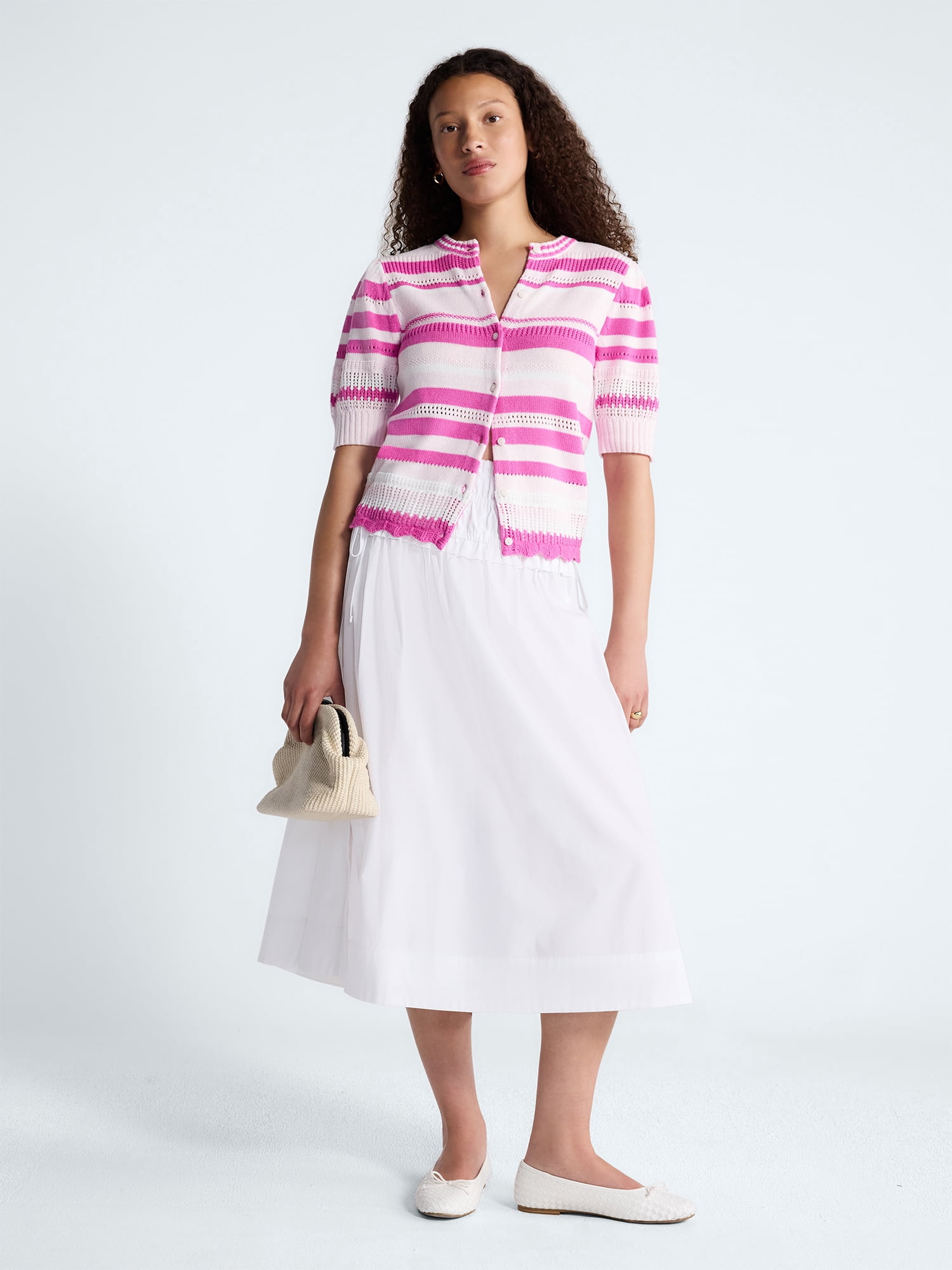 Free Assembly Women's Textured Stripe Cardigan Sweater with Short Puff Sleeves, Lightweight, Sizes XS-XXL