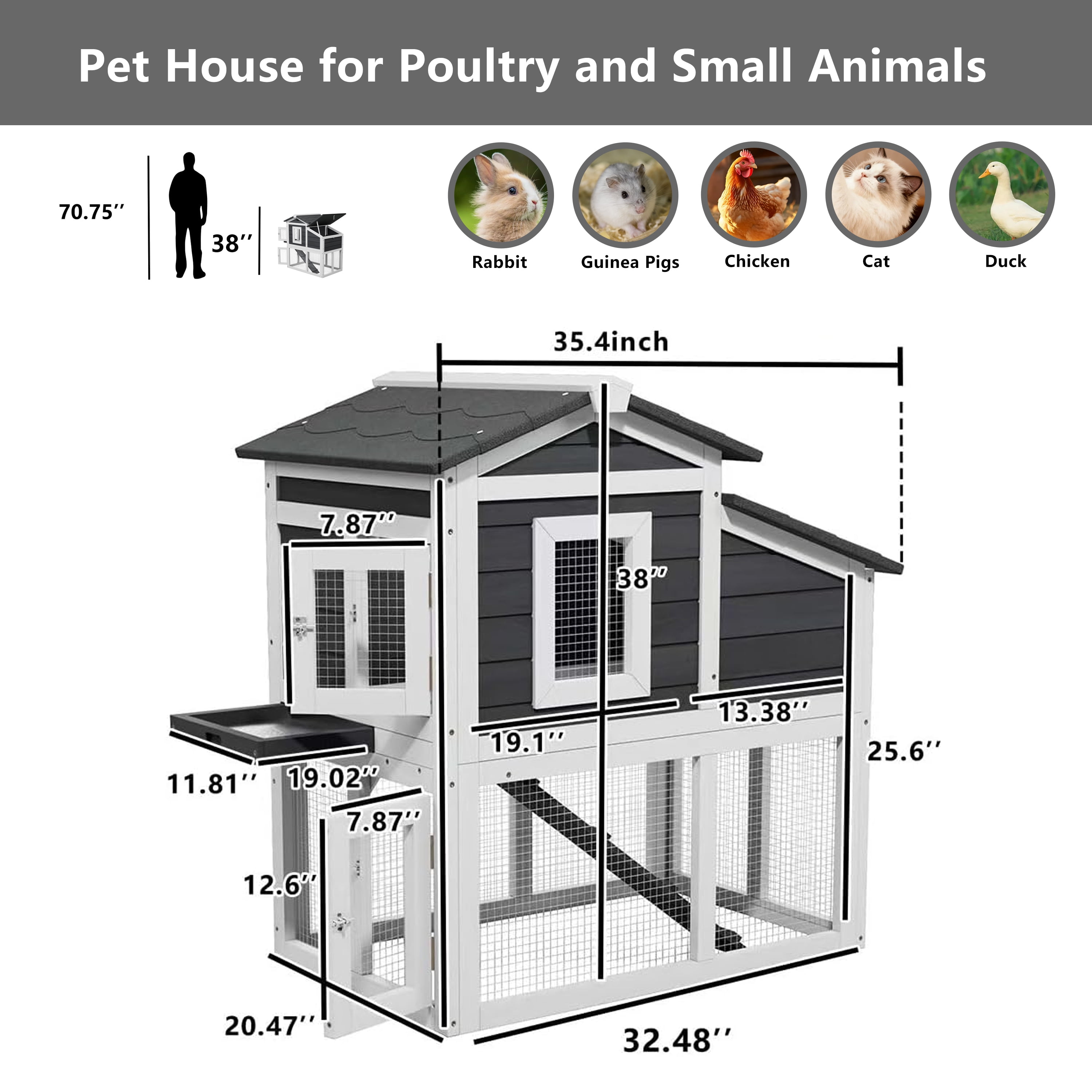 Outdoor Weatherproof 2-Tier Quail Cage with Pull Out Tray & Open Roof, Suitable for 6 Quails, Black & White