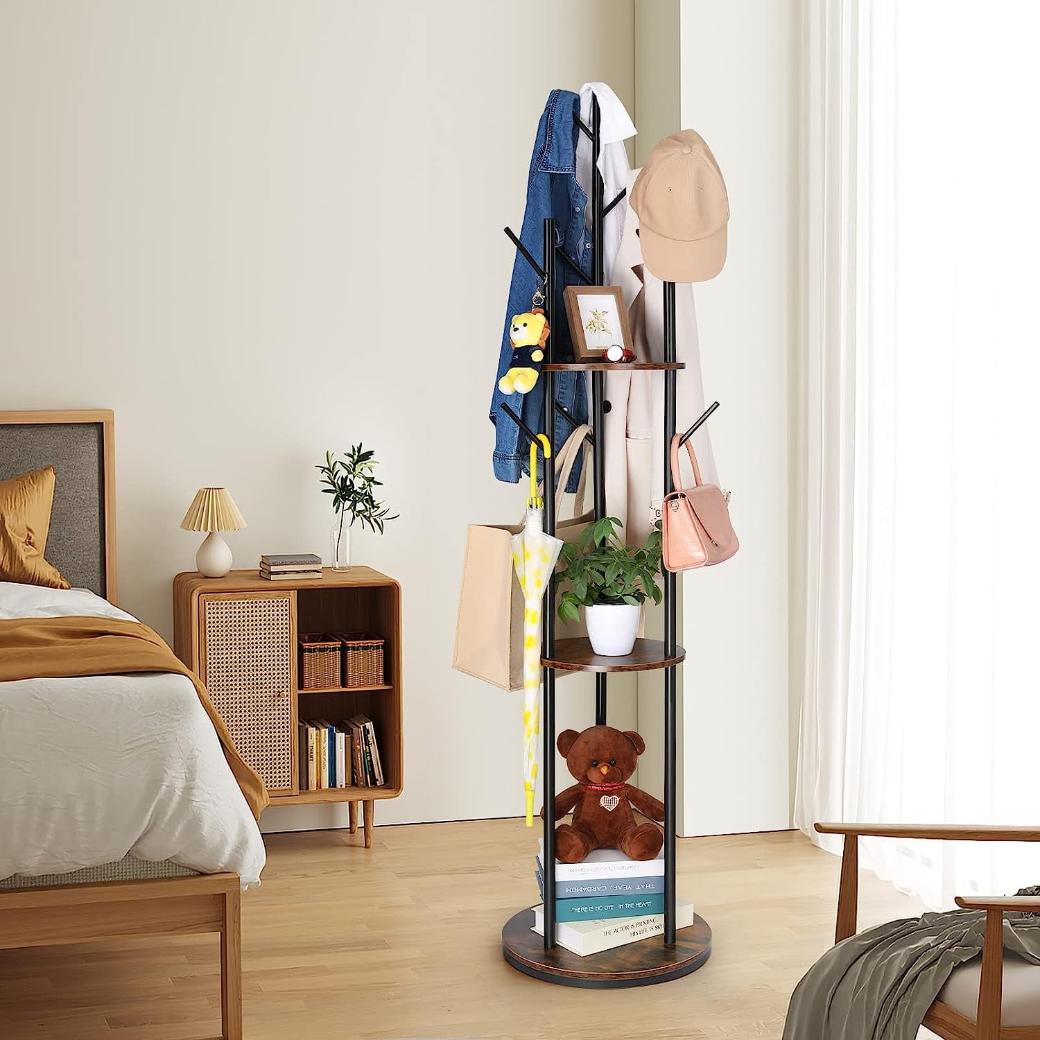 FULDA Rotary Coat Rack Freestanding Industrial Style Wood Metal Coat