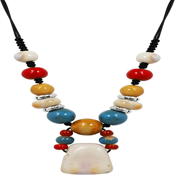 DESIGNICE Boho Hippie Colorful Chunky Ceramic Beads Strand Necklace, Bohemian Jewelry Gift for Women
