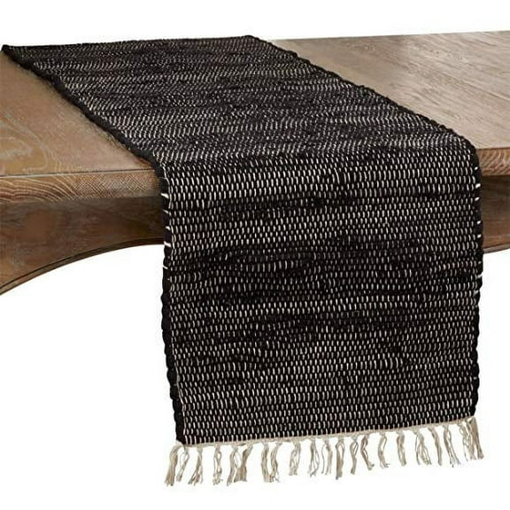 Fennco Styles Unique Tasseled Chindi Design 100% Cotton Table Runner 16 x 72 Inch - Black Table Runner for Home Décor, Dining Table, Banquets and Special Occasion
