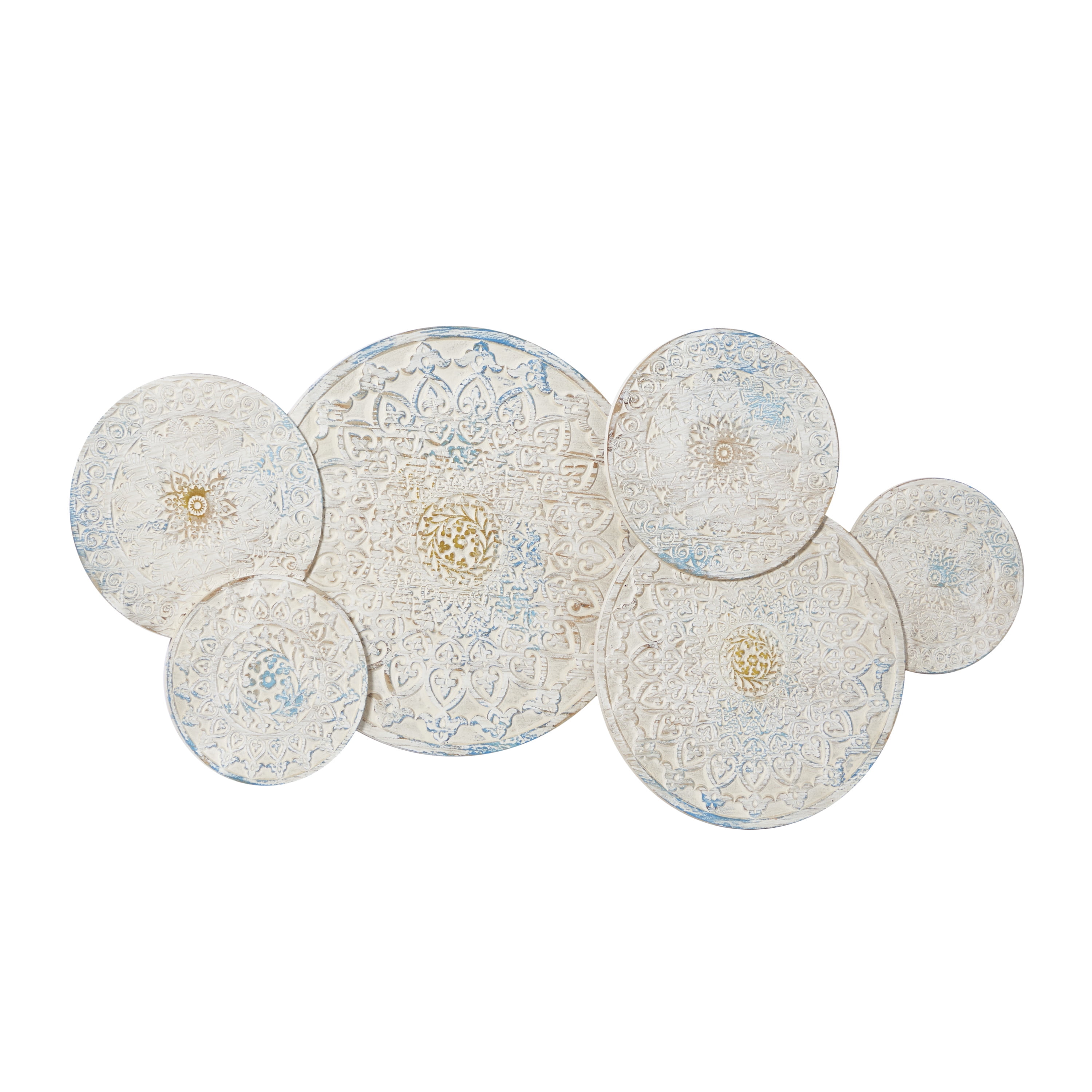 DecMode White Wood Intricately Carved Floral Wall Decor with Mandala Design